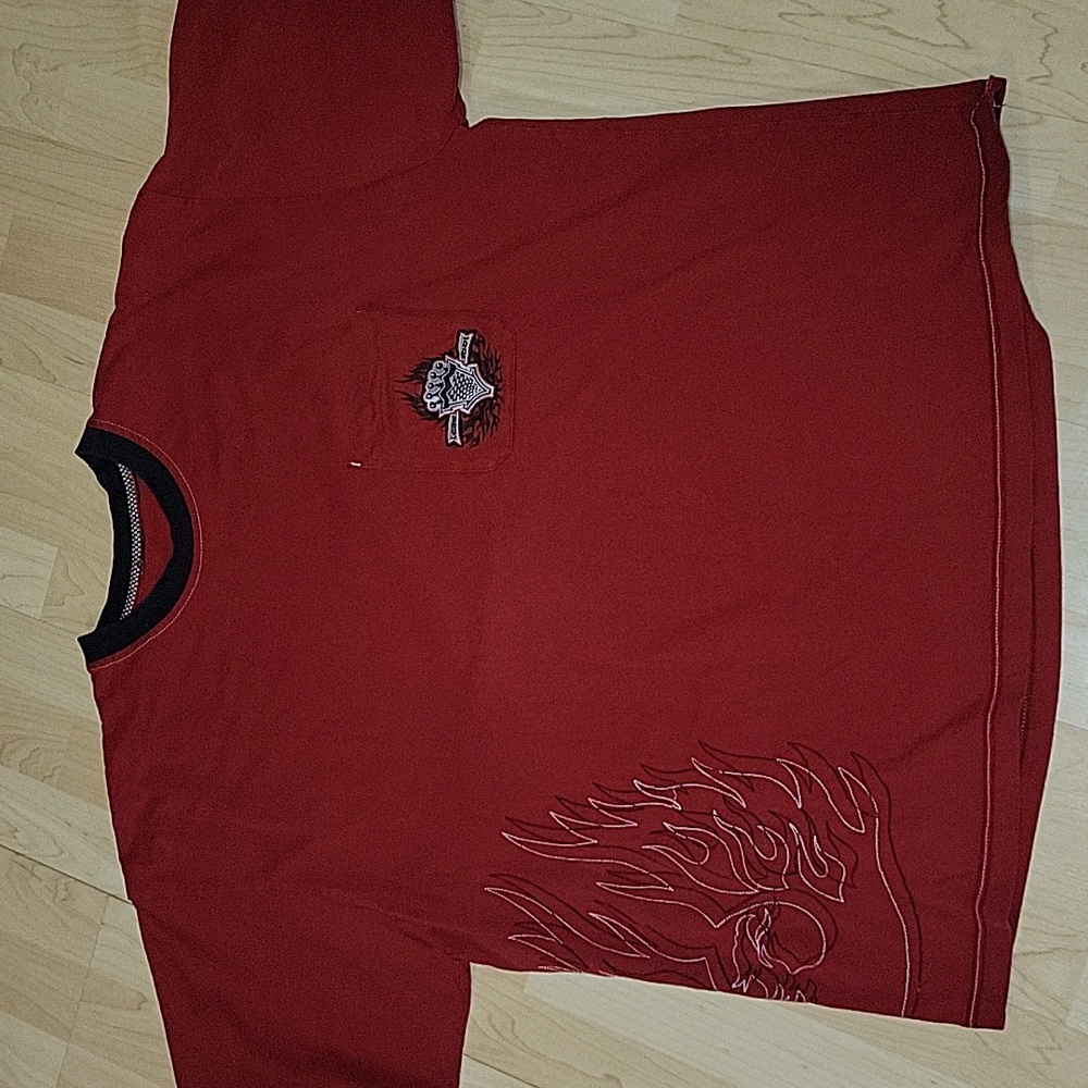 VTG Y2K LEAD FOOT FLAMES STYLE POCKET SHIRT XXL RED/BLACK TIRE MUSCLE CAR RACING